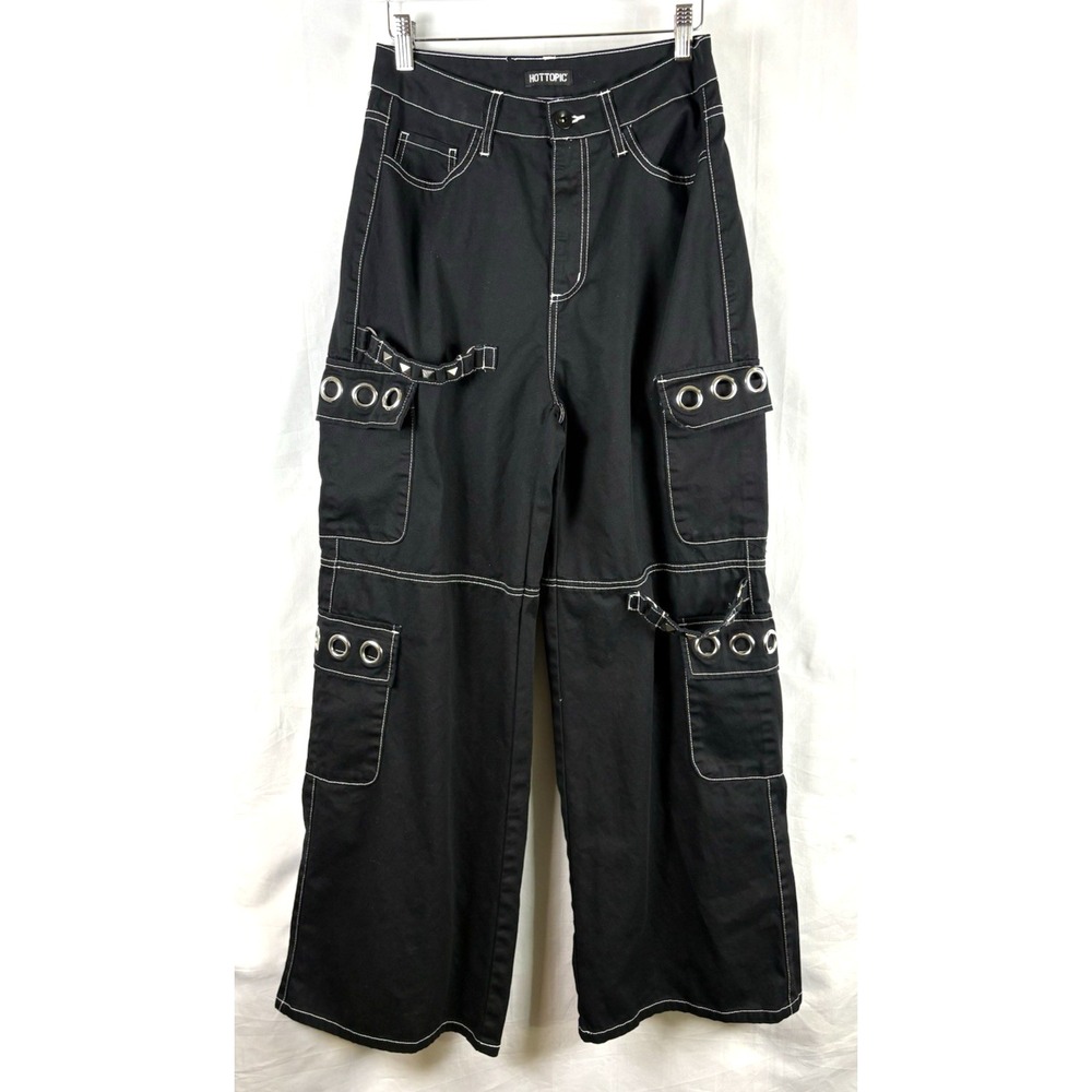 Hot Topic Mens Cargo Pants Size 26 Black Wide Leg Cargo Studs Pockets Emo Punk